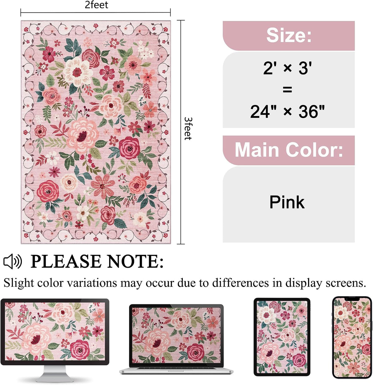 2x3 Entryway Rug, Floral Door Mat Soft Washable Rug Non Slip, Pink