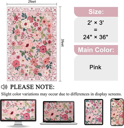 2x3 Entryway Rug, Floral Door Mat Soft Washable Rug Non Slip, Pink