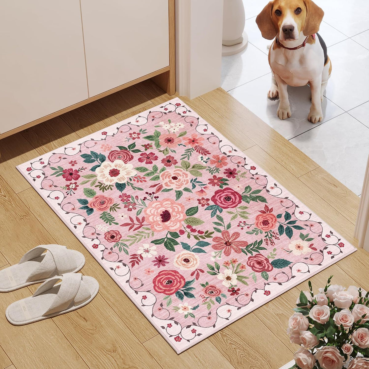 2x3 Entryway Rug, Floral Door Mat Soft Washable Rug Non Slip, Pink