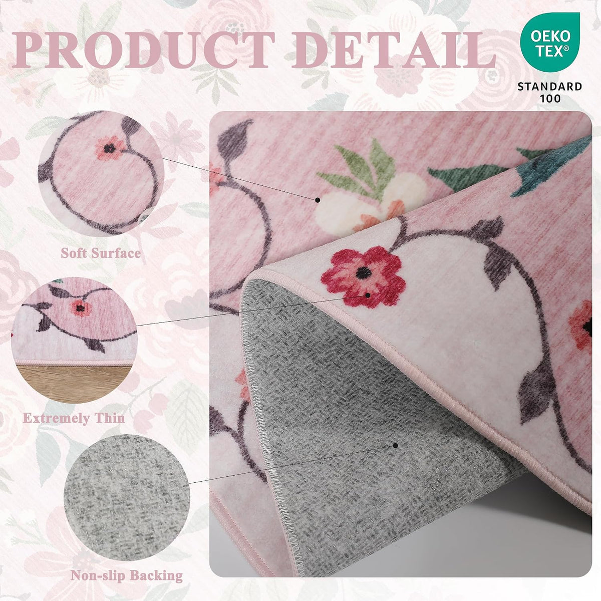 2x3 Entryway Rug, Floral Door Mat Soft Washable Rug Non Slip, Pink