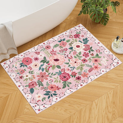 2x3 Entryway Rug, Floral Door Mat Soft Washable Rug Non Slip, Pink