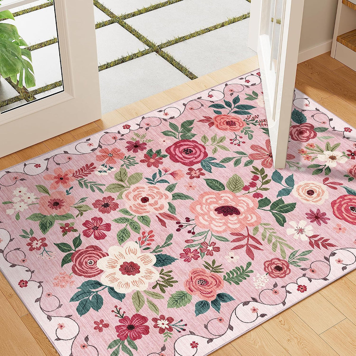 2x3 Entryway Rug, Floral Door Mat Soft Washable Rug Non Slip, Pink