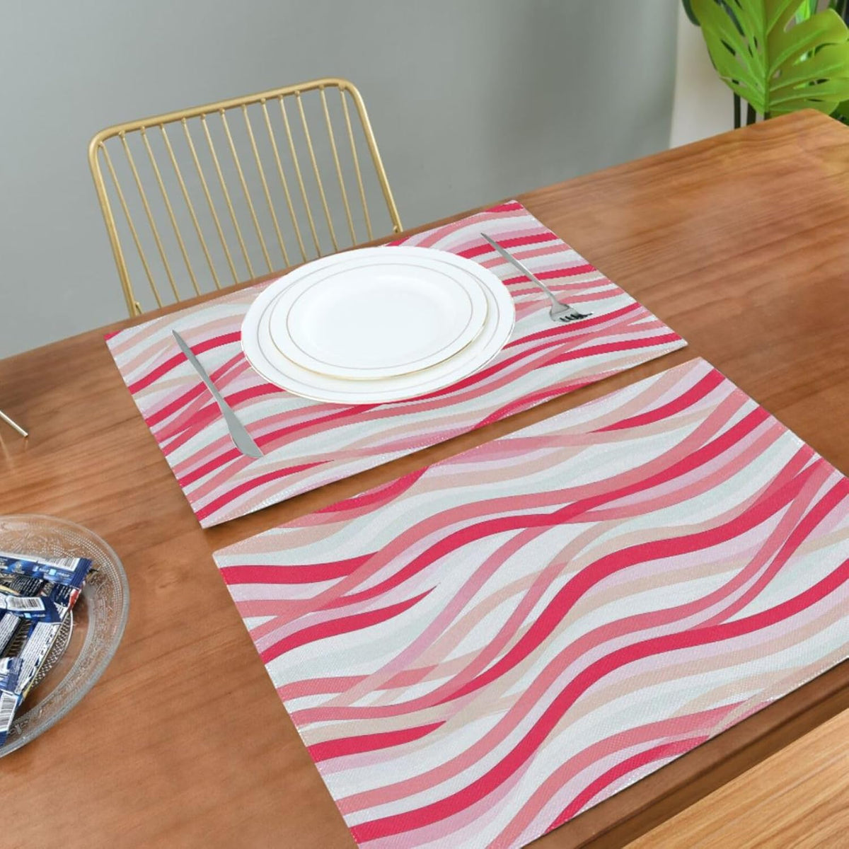 Custom Wave Pattern Red Peach Cloth placemats Machine Washable Christmas Washable Round placemats Sets of 6 12 x 18 tapetes para la mesa de comedor