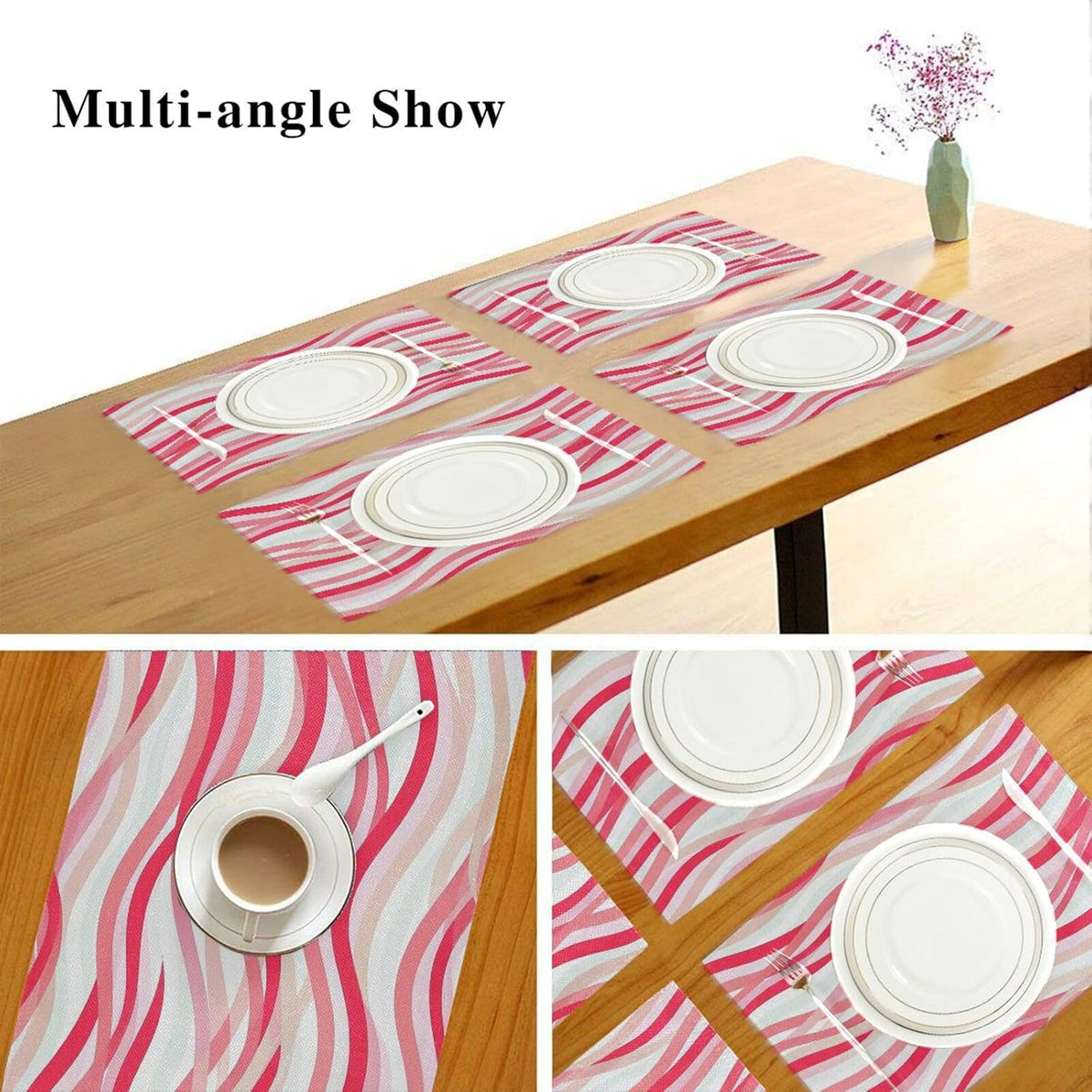 Custom Wave Pattern Red Peach Cloth placemats Machine Washable Christmas Washable Round placemats Sets of 6 12 x 18 tapetes para la mesa de comedor