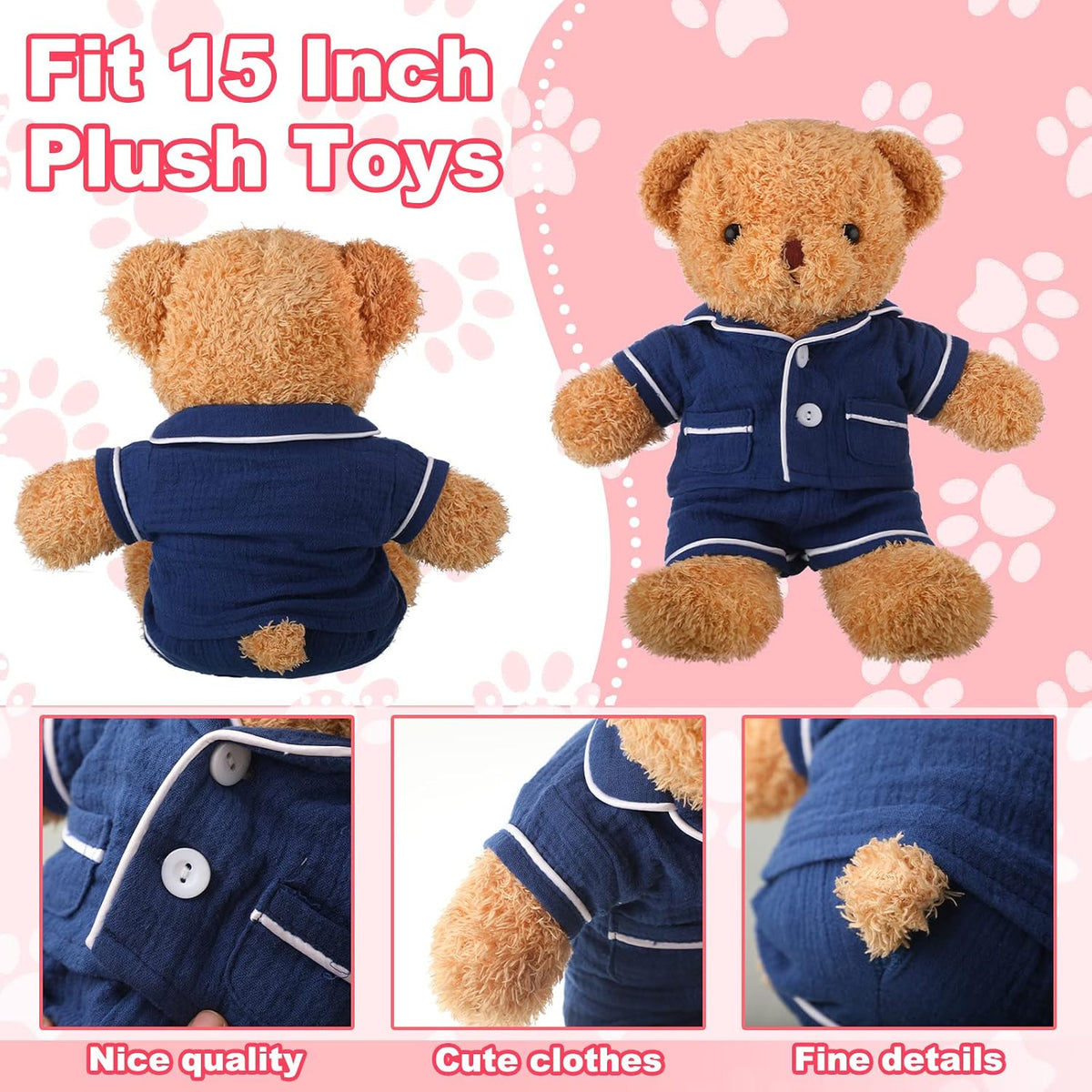 2 Sets Bear Clothes Pajamas Pink and Blue Bear Clothes Outfits Fits Most 14-18 Inch Cute Stuffed Animal Clothe Accessories Make Your Own Plush Animals