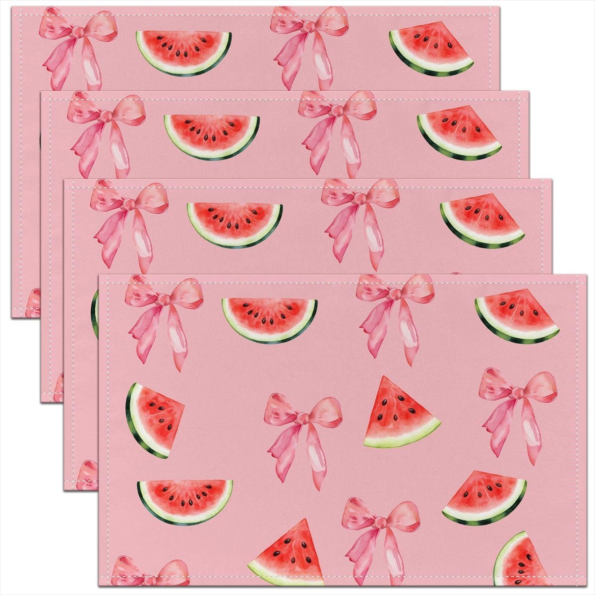 Pink Bow Placemats Set of 4 Cute Coquette Bow Knot Table Mats for Party Kitchen Dining Decoration Watermelon Themed Place Mat for Table Holiday Decor Indoor Outdoor 18"x12" Easy to Clean Washable