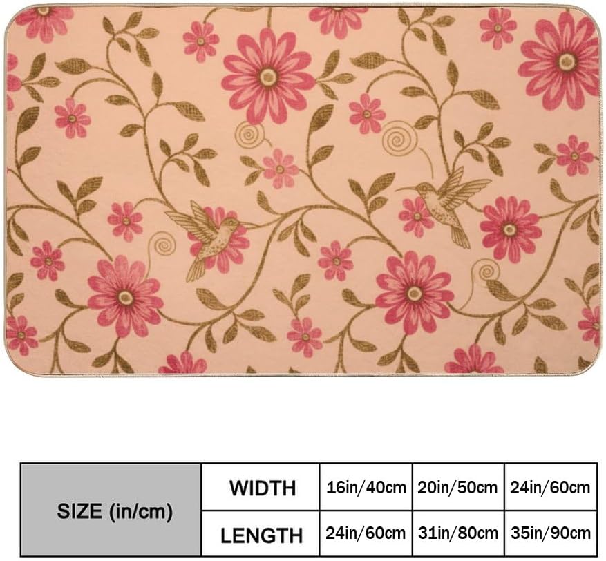Flannel Quick Dry Bath Mat 20 × 31 Inch, Pink Flowers No Slip Front Door Rug Water Absorbing Bathroom Shower Decorations Bathroom Rugs Non Slip Washable Bathmats for