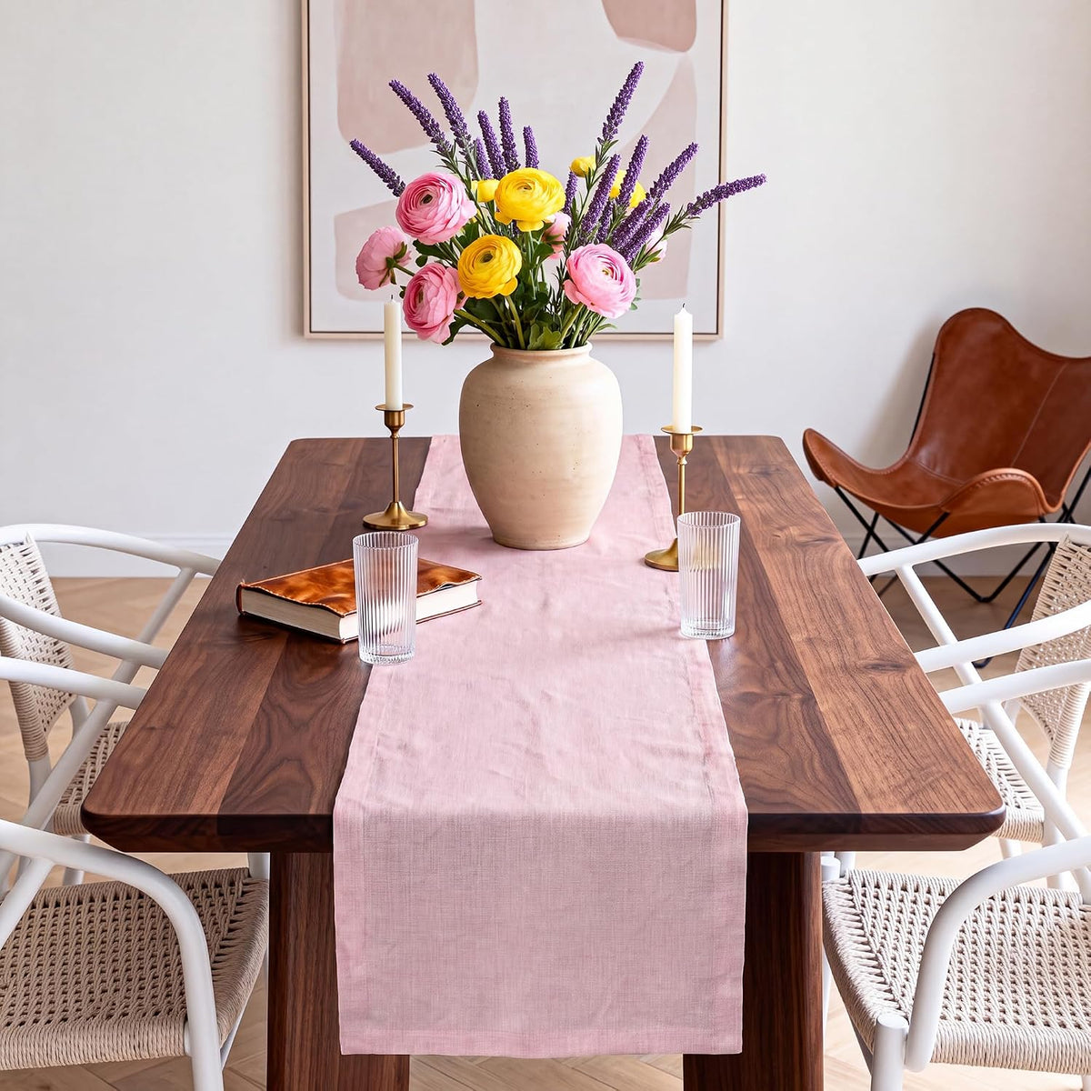 Pink Linen Table Runner 14 x 108 Inch, 100% Pure Linen, Farmhouse Style, Washable, Rustic Table Decor for Wedding Party, Dining Table, Coffee Table, Dresser, Kitchen, Everyday & Holiday Use