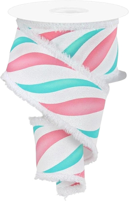 RG Ribbon 2.5" Pastel Peppermint Swirls with Snow Drift Edges, 10 Yards, Wired - White, Pink, Blue, Mint Green - for Christmas Bows, Wreaths, Crafts, and Decorations