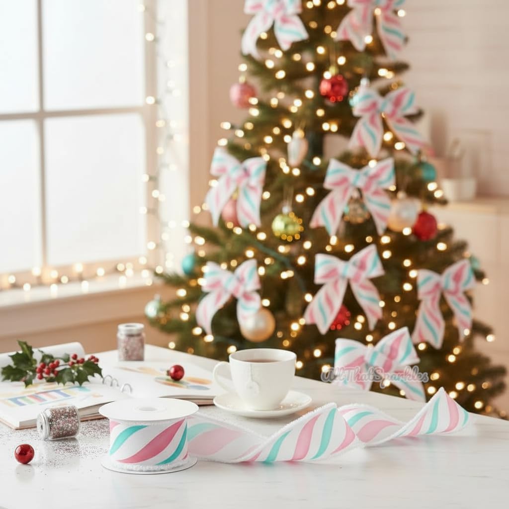 RG Ribbon 2.5" Pastel Peppermint Swirls with Snow Drift Edges, 10 Yards, Wired - White, Pink, Blue, Mint Green - for Christmas Bows, Wreaths, Crafts, and Decorations