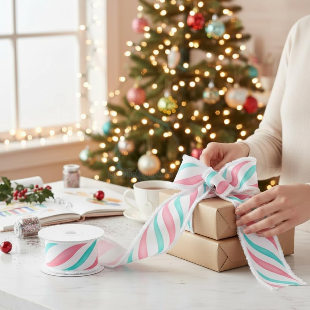 RG Ribbon 2.5" Pastel Peppermint Swirls with Snow Drift Edges, 10 Yards, Wired - White, Pink, Blue, Mint Green - for Christmas Bows, Wreaths, Crafts, and Decorations