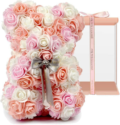Hand Made Artificial Flowers Rose Bear Pure Color for Valentine Birthday and Mother's Day with a 10" Pink Gift Box (Multi Color-Peach Love)