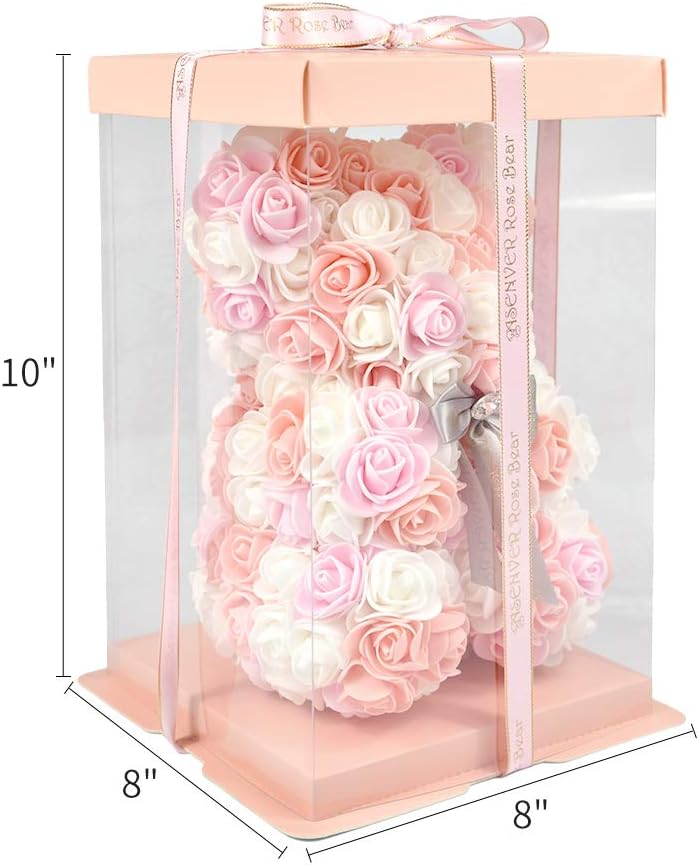 Hand Made Artificial Flowers Rose Bear Pure Color for Valentine Birthday and Mother's Day with a 10" Pink Gift Box (Multi Color-Peach Love)