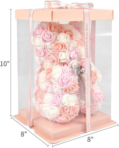 Hand Made Artificial Flowers Rose Bear Pure Color for Valentine Birthday and Mother's Day with a 10" Pink Gift Box (Multi Color-Peach Love)