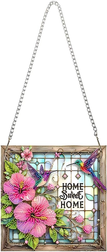 Acrylic Special Shape Sweet Home Pink Flower 5D Diamond Art Painting Hanging Pendant - Rhinestone Garden Window Decor Craft Kit, DIY Sparkle Ornament