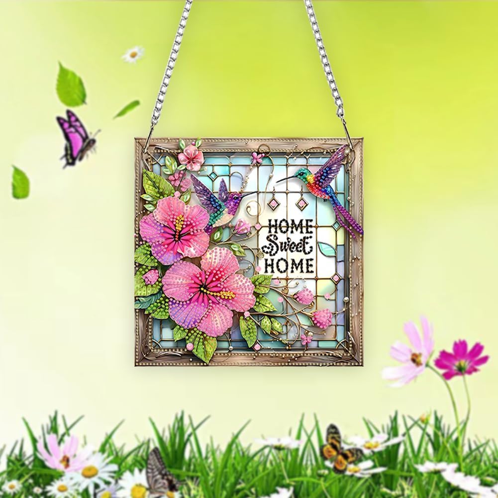 Acrylic Special Shape Sweet Home Pink Flower 5D Diamond Art Painting Hanging Pendant - Rhinestone Garden Window Decor Craft Kit, DIY Sparkle Ornament