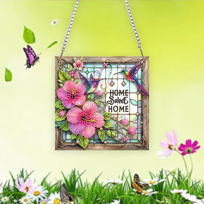 Acrylic Special Shape Sweet Home Pink Flower 5D Diamond Art Painting Hanging Pendant - Rhinestone Garden Window Decor Craft Kit, DIY Sparkle Ornament