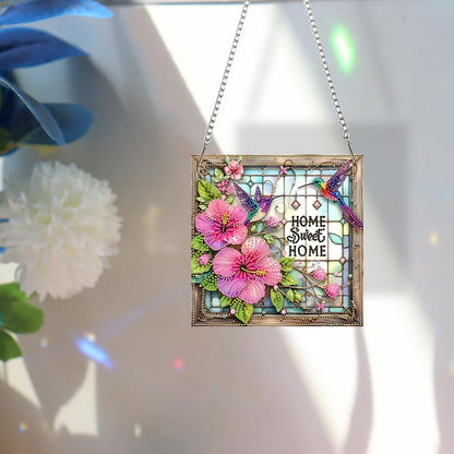 Acrylic Special Shape Sweet Home Pink Flower 5D Diamond Art Painting Hanging Pendant - Rhinestone Garden Window Decor Craft Kit, DIY Sparkle Ornament