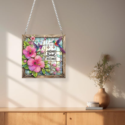 Acrylic Special Shape Sweet Home Pink Flower 5D Diamond Art Painting Hanging Pendant - Rhinestone Garden Window Decor Craft Kit, DIY Sparkle Ornament