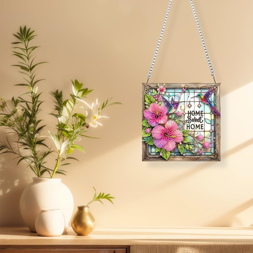 Acrylic Special Shape Sweet Home Pink Flower 5D Diamond Art Painting Hanging Pendant - Rhinestone Garden Window Decor Craft Kit, DIY Sparkle Ornament