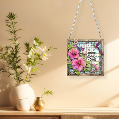 Acrylic Special Shape Sweet Home Pink Flower 5D Diamond Art Painting Hanging Pendant - Rhinestone Garden Window Decor Craft Kit, DIY Sparkle Ornament