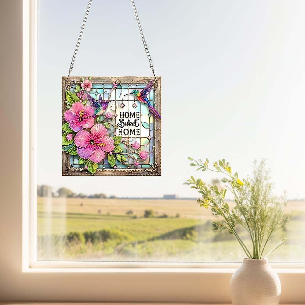 Acrylic Special Shape Sweet Home Pink Flower 5D Diamond Art Painting Hanging Pendant - Rhinestone Garden Window Decor Craft Kit, DIY Sparkle Ornament