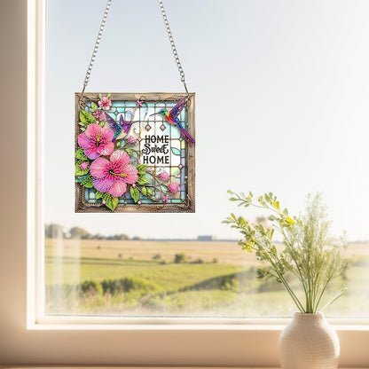 Acrylic Special Shape Sweet Home Pink Flower 5D Diamond Art Painting Hanging Pendant - Rhinestone Garden Window Decor Craft Kit, DIY Sparkle Ornament