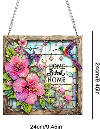 Acrylic Special Shape Sweet Home Pink Flower 5D Diamond Art Painting Hanging Pendant - Rhinestone Garden Window Decor Craft Kit, DIY Sparkle Ornament