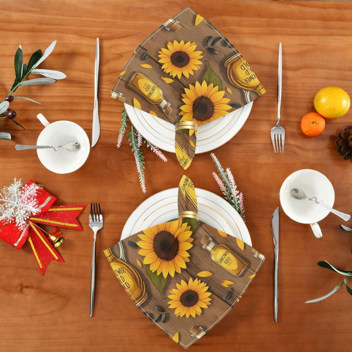 Sunflower Oil Gold Pattern 20x20 Inch Cloth Napkins Set of 6, Satin Peach Skin Polyester Dinner Napkins, Washable Reusable Table Napkins with Hemmed Edges for Wedding Party Restaurant Everyda