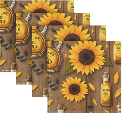 Sunflower Oil Gold Pattern 20x20 Inch Cloth Napkins Set of 6, Satin Peach Skin Polyester Dinner Napkins, Washable Reusable Table Napkins with Hemmed Edges for Wedding Party Restaurant Everyda