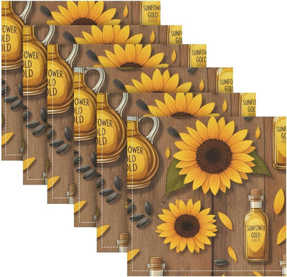 Sunflower Oil Gold Pattern 20x20 Inch Cloth Napkins Set of 6, Satin Peach Skin Polyester Dinner Napkins, Washable Reusable Table Napkins with Hemmed Edges for Wedding Party Restaurant Everyda
