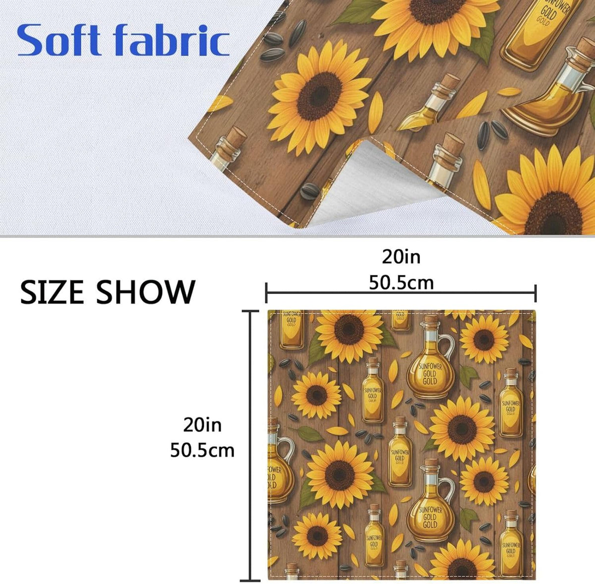 Sunflower Oil Gold Pattern 20x20 Inch Cloth Napkins Set of 6, Satin Peach Skin Polyester Dinner Napkins, Washable Reusable Table Napkins with Hemmed Edges for Wedding Party Restaurant Everyda
