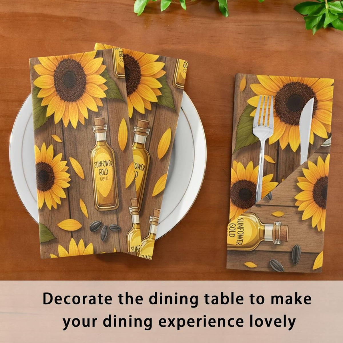Sunflower Oil Gold Pattern 20x20 Inch Cloth Napkins Set of 6, Satin Peach Skin Polyester Dinner Napkins, Washable Reusable Table Napkins with Hemmed Edges for Wedding Party Restaurant Everyda