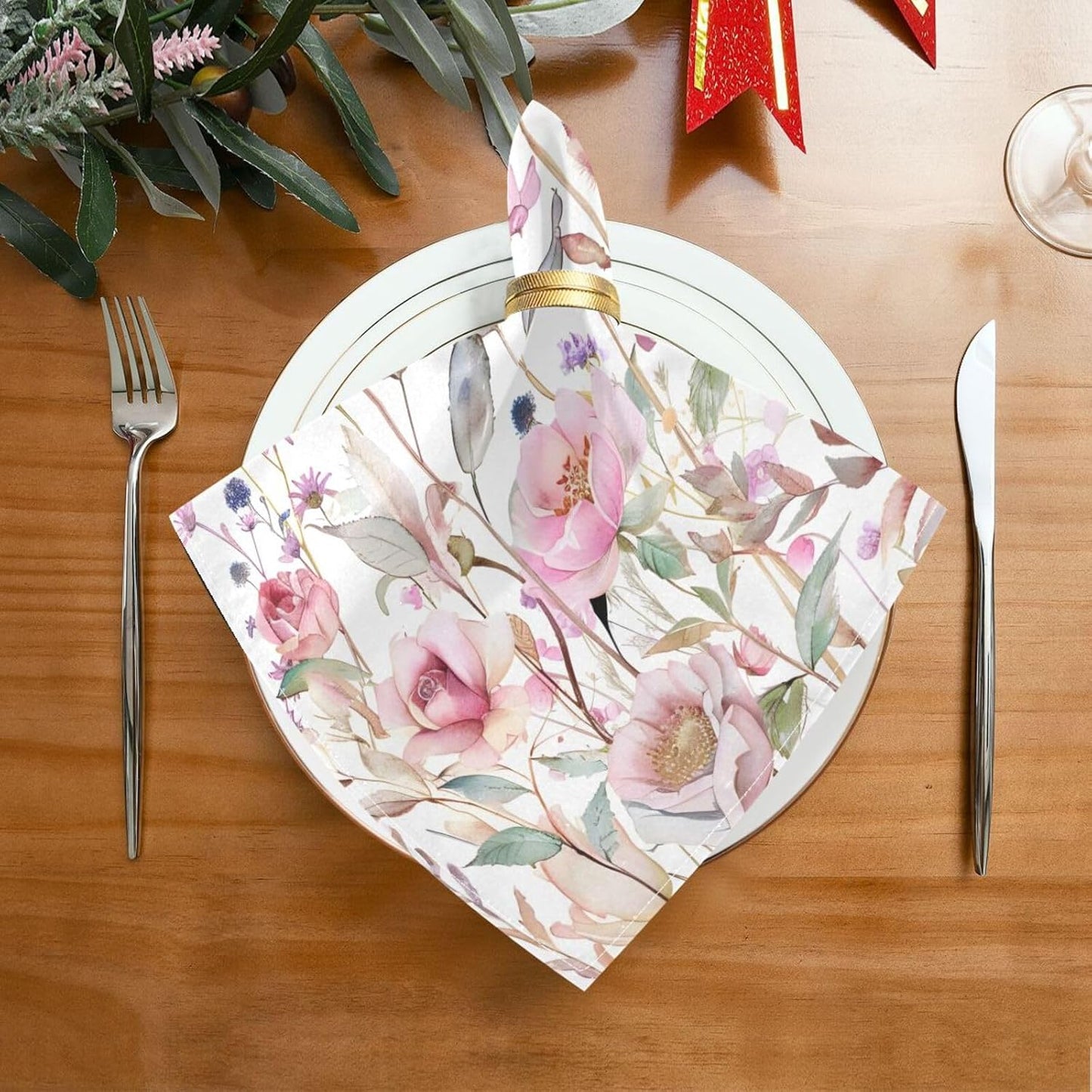 Cloth Napkins 20x20 Inch,Pink Wildflowers Floral Dinner Napkins Set of 4 Washable Table Napkins Cloth for Party Wedding Decoration