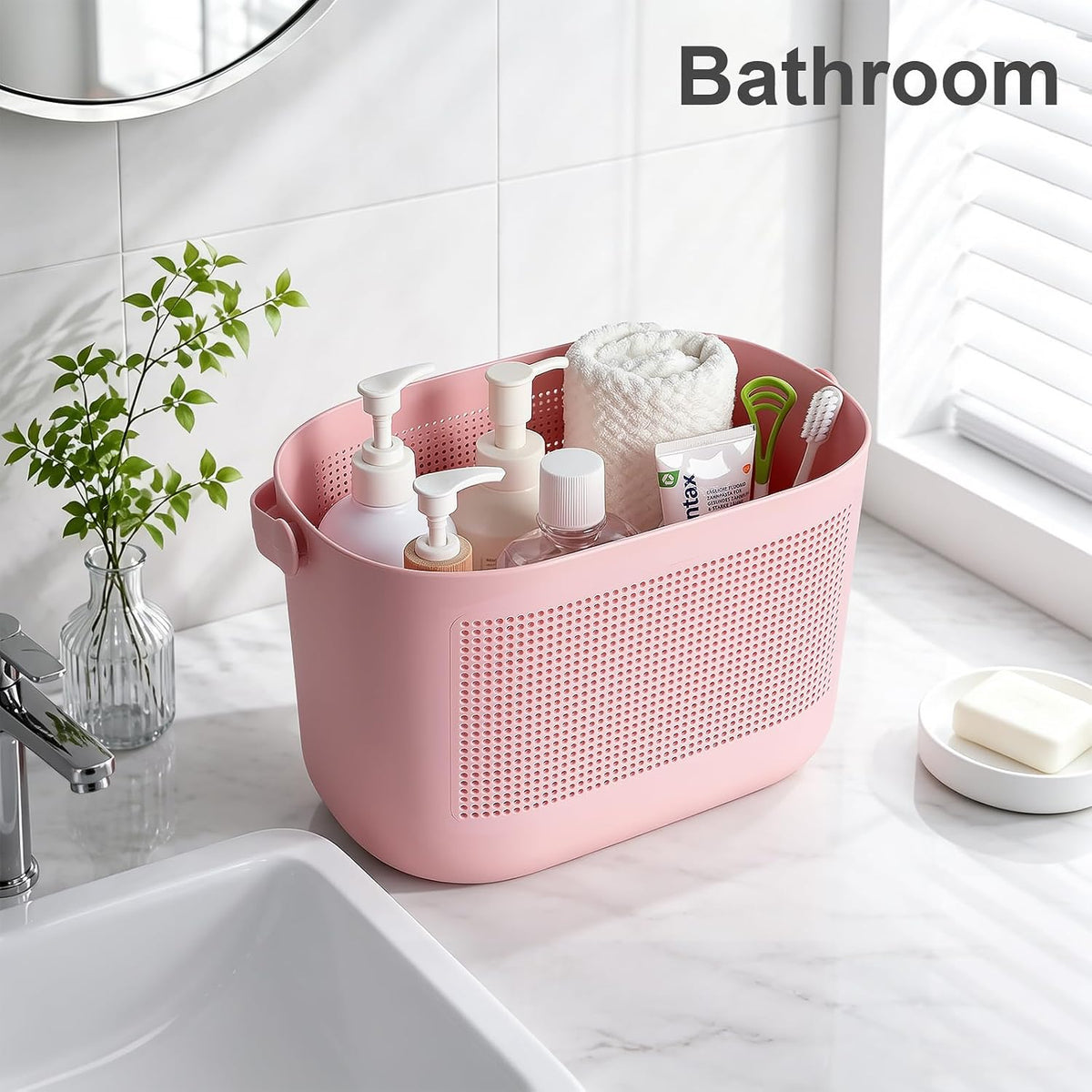 Plastic Portable Shower Caddy Basket, Storage Organizer with Handle, Pink
