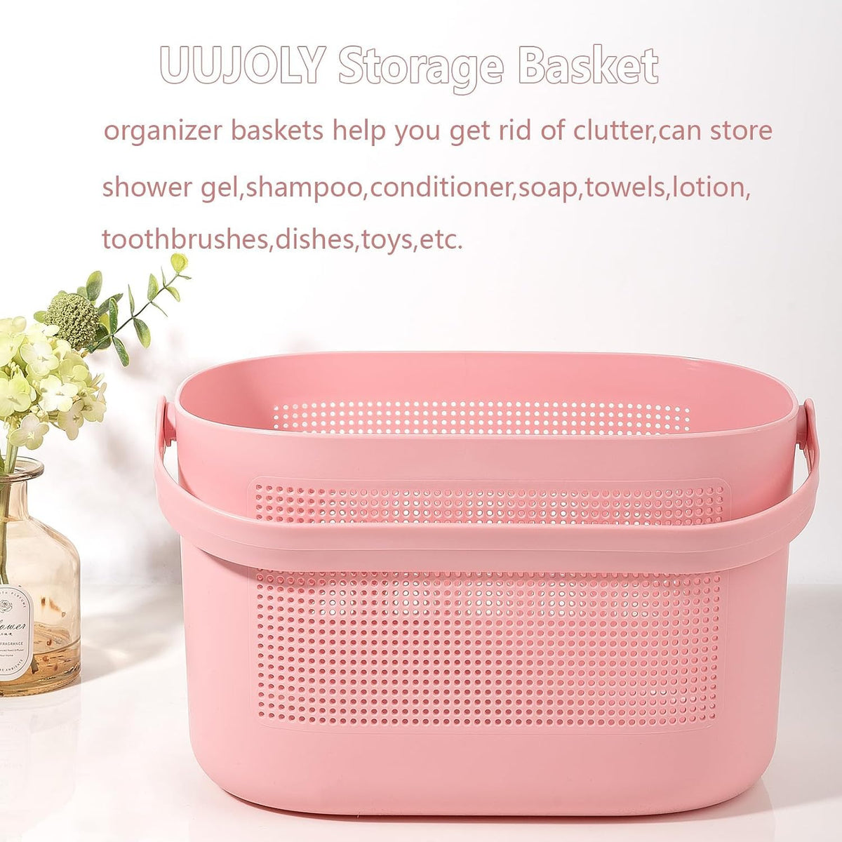 Plastic Portable Shower Caddy Basket, Storage Organizer with Handle, Pink