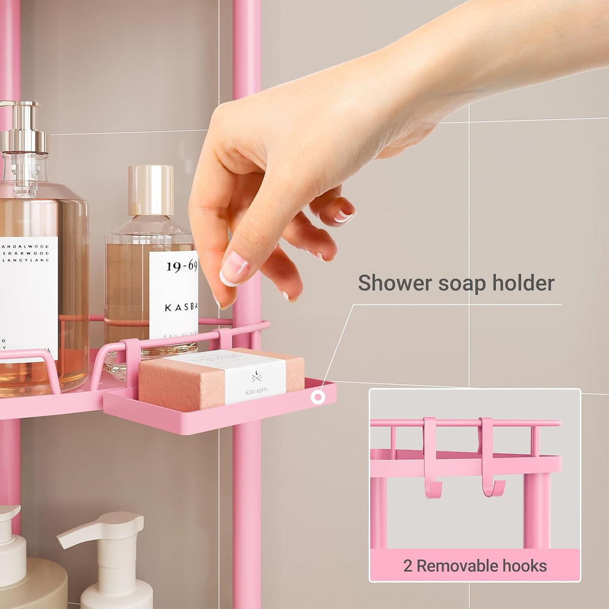 Corner Shower Caddy Standing, 4 Tier Metal Shower Organizer, Pink