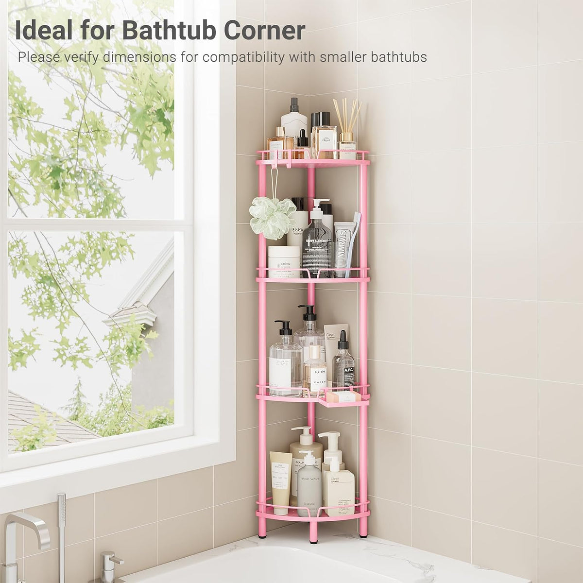 Corner Shower Caddy Standing, 4 Tier Metal Shower Organizer, Pink