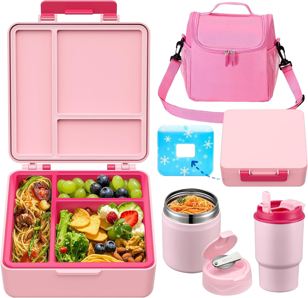 Bento Lunch Box for Kids with 17oz Soup Thermo,Insulated Tumbler Water Bottle and Insulated Lunch Bag,Leak-Proof 3 Compartment Lunch Food Container with Ice Pack for Kids to School-Pink