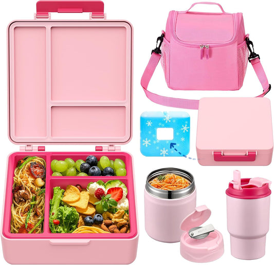 Bento Lunch Box for Kids with 17oz Soup Thermo,Insulated Tumbler Water Bottle and Insulated Lunch Bag,Leak-Proof 3 Compartment Lunch Food Container with Ice Pack for Kids to School-Pink