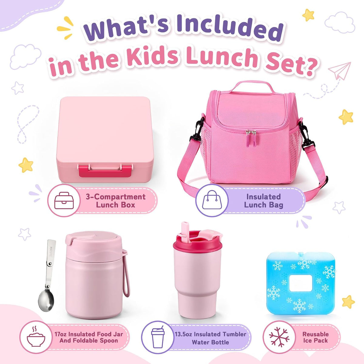 Bento Lunch Box for Kids with 17oz Soup Thermo,Insulated Tumbler Water Bottle and Insulated Lunch Bag,Leak-Proof 3 Compartment Lunch Food Container with Ice Pack for Kids to School-Pink