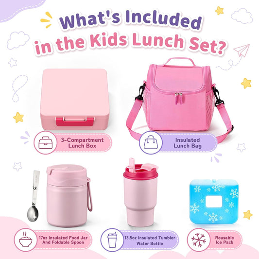 Bento Lunch Box for Kids with 17oz Soup Thermo,Insulated Tumbler Water Bottle and Insulated Lunch Bag,Leak-Proof 3 Compartment Lunch Food Container with Ice Pack for Kids to School-Pink