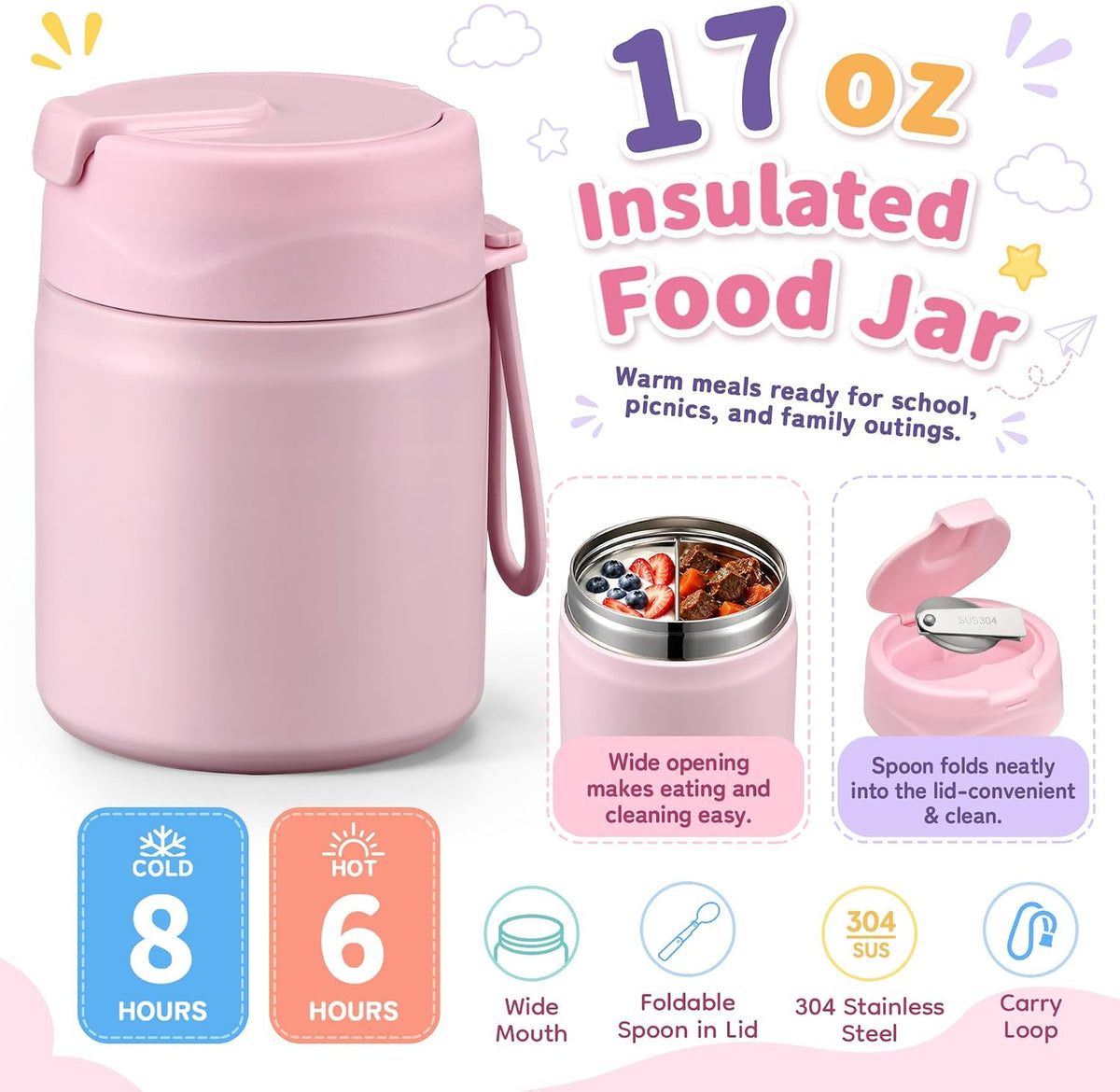Bento Lunch Box for Kids with 17oz Soup Thermo,Insulated Tumbler Water Bottle and Insulated Lunch Bag,Leak-Proof 3 Compartment Lunch Food Container with Ice Pack for Kids to School-Pink