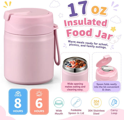 Bento Lunch Box for Kids with 17oz Soup Thermo,Insulated Tumbler Water Bottle and Insulated Lunch Bag,Leak-Proof 3 Compartment Lunch Food Container with Ice Pack for Kids to School-Pink
