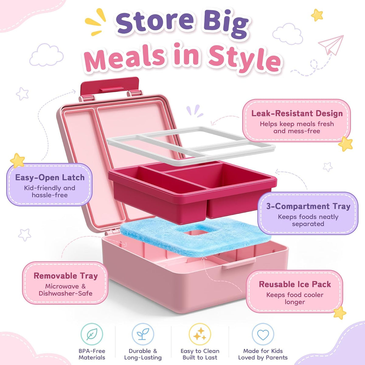 Bento Lunch Box for Kids with 17oz Soup Thermo,Insulated Tumbler Water Bottle and Insulated Lunch Bag,Leak-Proof 3 Compartment Lunch Food Container with Ice Pack for Kids to School-Pink