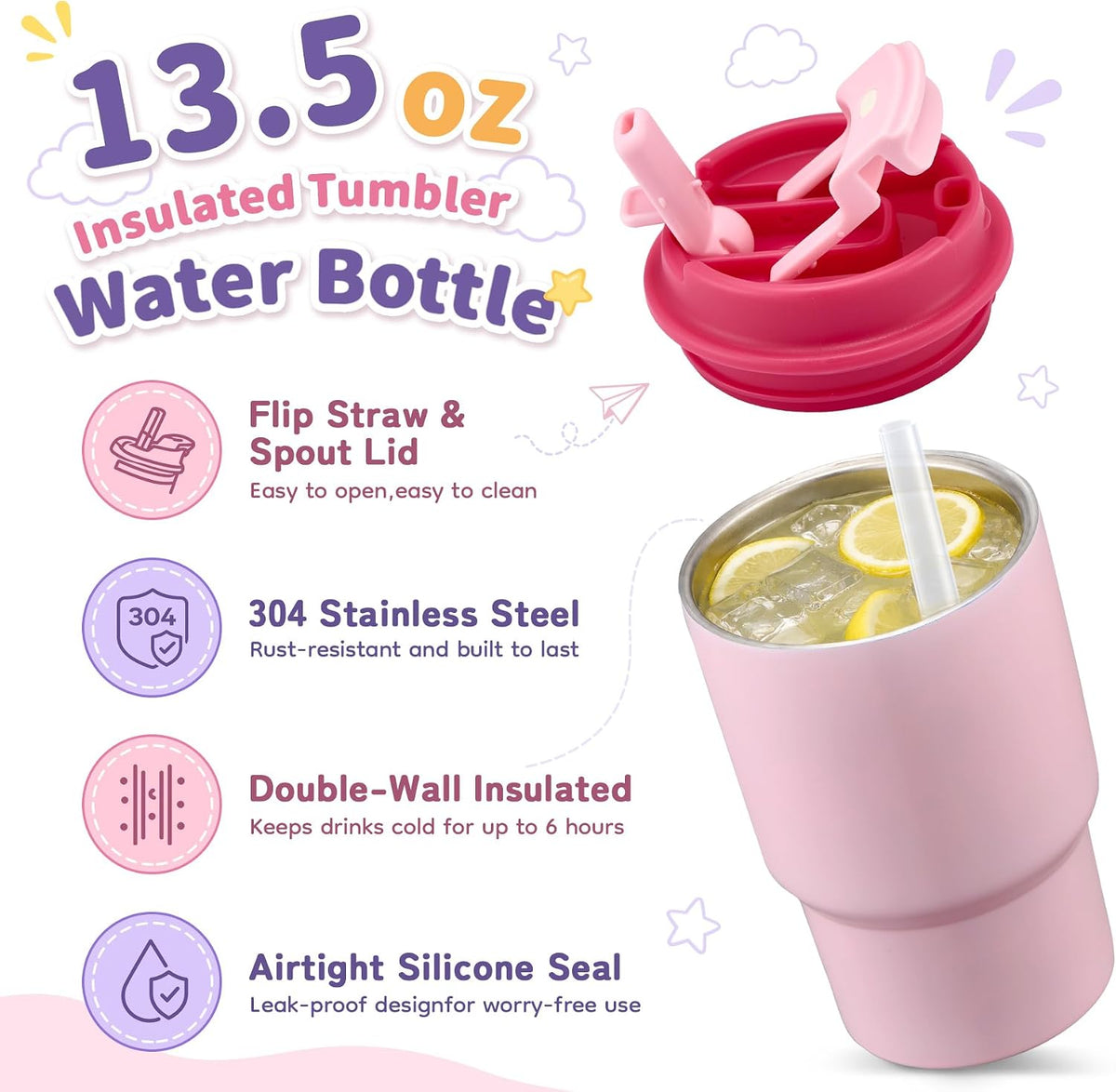 Bento Lunch Box for Kids with 17oz Soup Thermo,Insulated Tumbler Water Bottle and Insulated Lunch Bag,Leak-Proof 3 Compartment Lunch Food Container with Ice Pack for Kids to School-Pink
