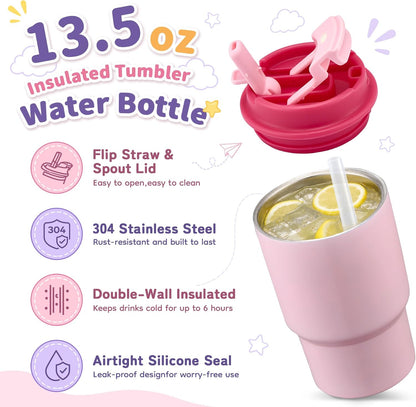 Bento Lunch Box for Kids with 17oz Soup Thermo,Insulated Tumbler Water Bottle and Insulated Lunch Bag,Leak-Proof 3 Compartment Lunch Food Container with Ice Pack for Kids to School-Pink