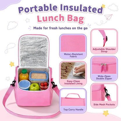 Bento Lunch Box for Kids with 17oz Soup Thermo,Insulated Tumbler Water Bottle and Insulated Lunch Bag,Leak-Proof 3 Compartment Lunch Food Container with Ice Pack for Kids to School-Pink