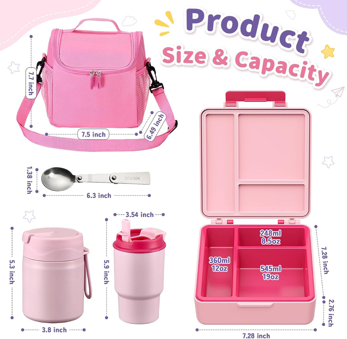 Bento Lunch Box for Kids with 17oz Soup Thermo,Insulated Tumbler Water Bottle and Insulated Lunch Bag,Leak-Proof 3 Compartment Lunch Food Container with Ice Pack for Kids to School-Pink