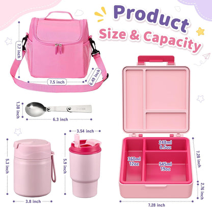 Bento Lunch Box for Kids with 17oz Soup Thermo,Insulated Tumbler Water Bottle and Insulated Lunch Bag,Leak-Proof 3 Compartment Lunch Food Container with Ice Pack for Kids to School-Pink